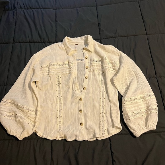Free People Tops - Free People Cream Button-Up Blouse with Lace Details